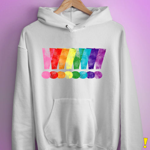 Distressed Gilbert Baker LGBTQ Pride Exclamation Points Hoodie - White